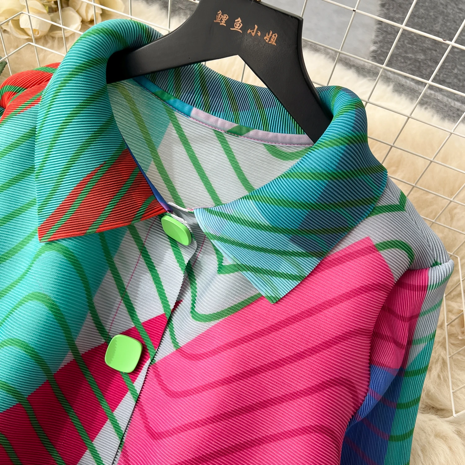 Miyake Pleated Dress Women Spring Summer Colorblock Printing Lapel 3/4 Sleeve Single-breasted Fashion Irregular Shirt Dresses