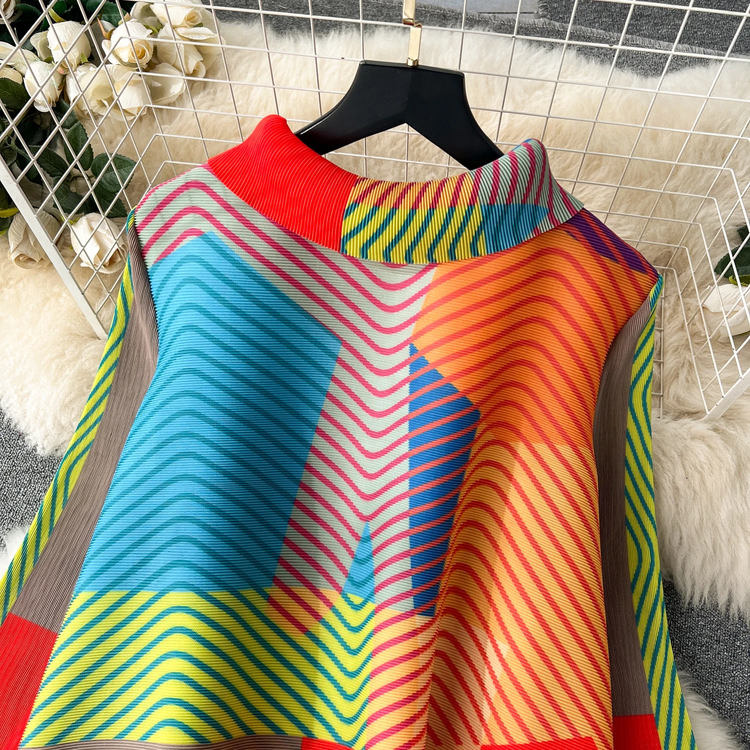 Miyake Pleated Dress Women Spring Summer Colorblock Printing Lapel 3/4 Sleeve Single-breasted Fashion Irregular Shirt Dresses