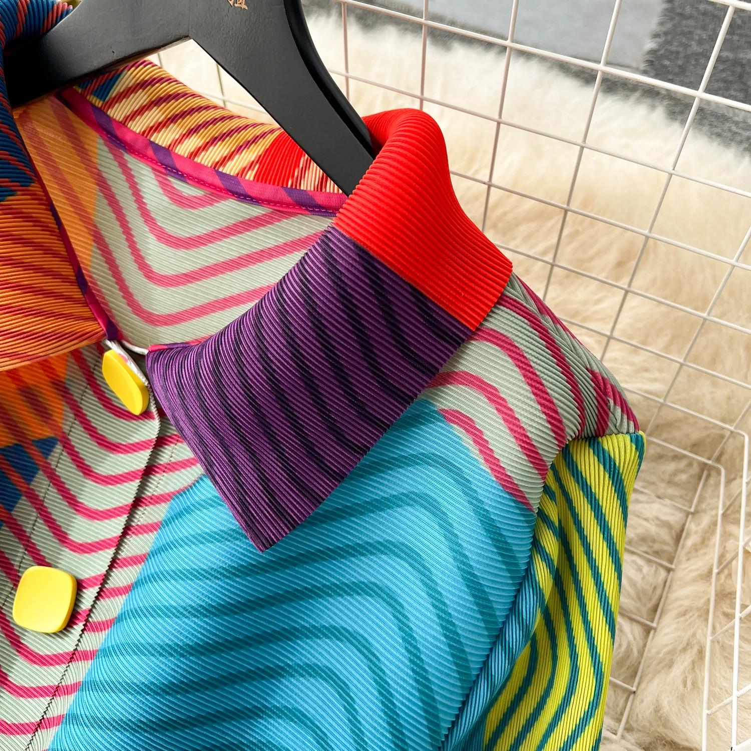 Miyake Pleated Dress Women Spring Summer Colorblock Printing Lapel 3/4 Sleeve Single-breasted Fashion Irregular Shirt Dresses