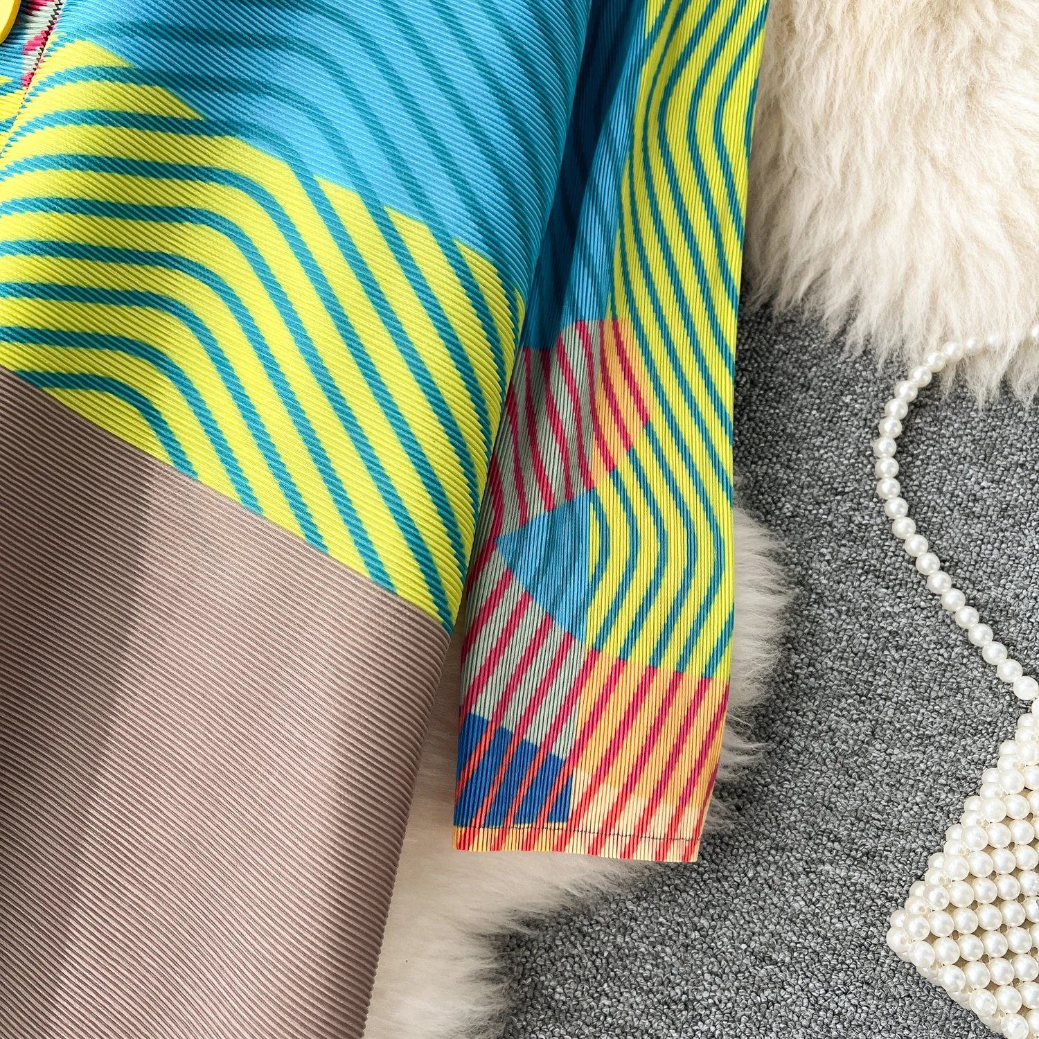 Miyake Pleated Dress Women Spring Summer Colorblock Printing Lapel 3/4 Sleeve Single-breasted Fashion Irregular Shirt Dresses