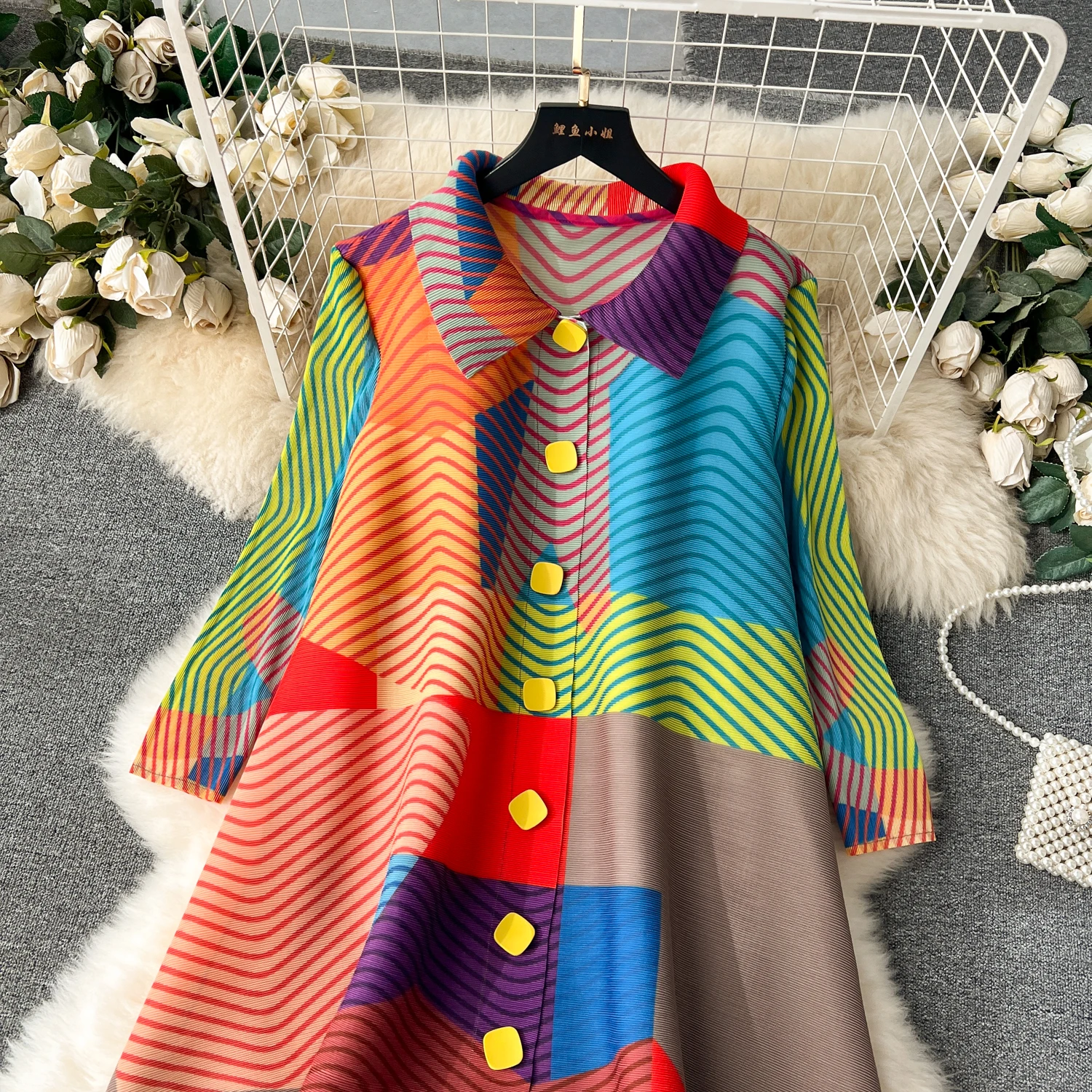 Miyake Pleated Dress Women Spring Summer Colorblock Printing Lapel 3/4 Sleeve Single-breasted Fashion Irregular Shirt Dresses