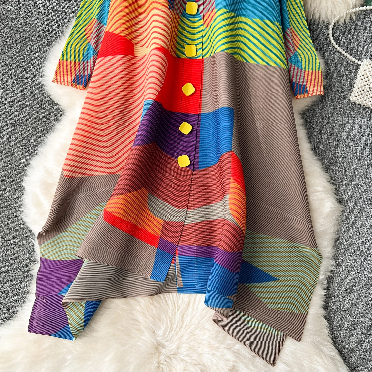 Miyake Pleated Dress Women Spring Summer Colorblock Printing Lapel 3/4 Sleeve Single-breasted Fashion Irregular Shirt Dresses