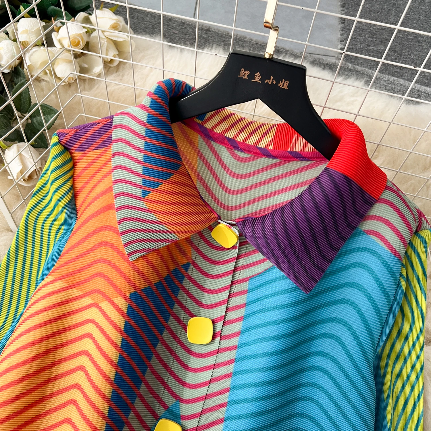 Miyake Pleated Dress Women Spring Summer Colorblock Printing Lapel 3/4 Sleeve Single-breasted Fashion Irregular Shirt Dresses