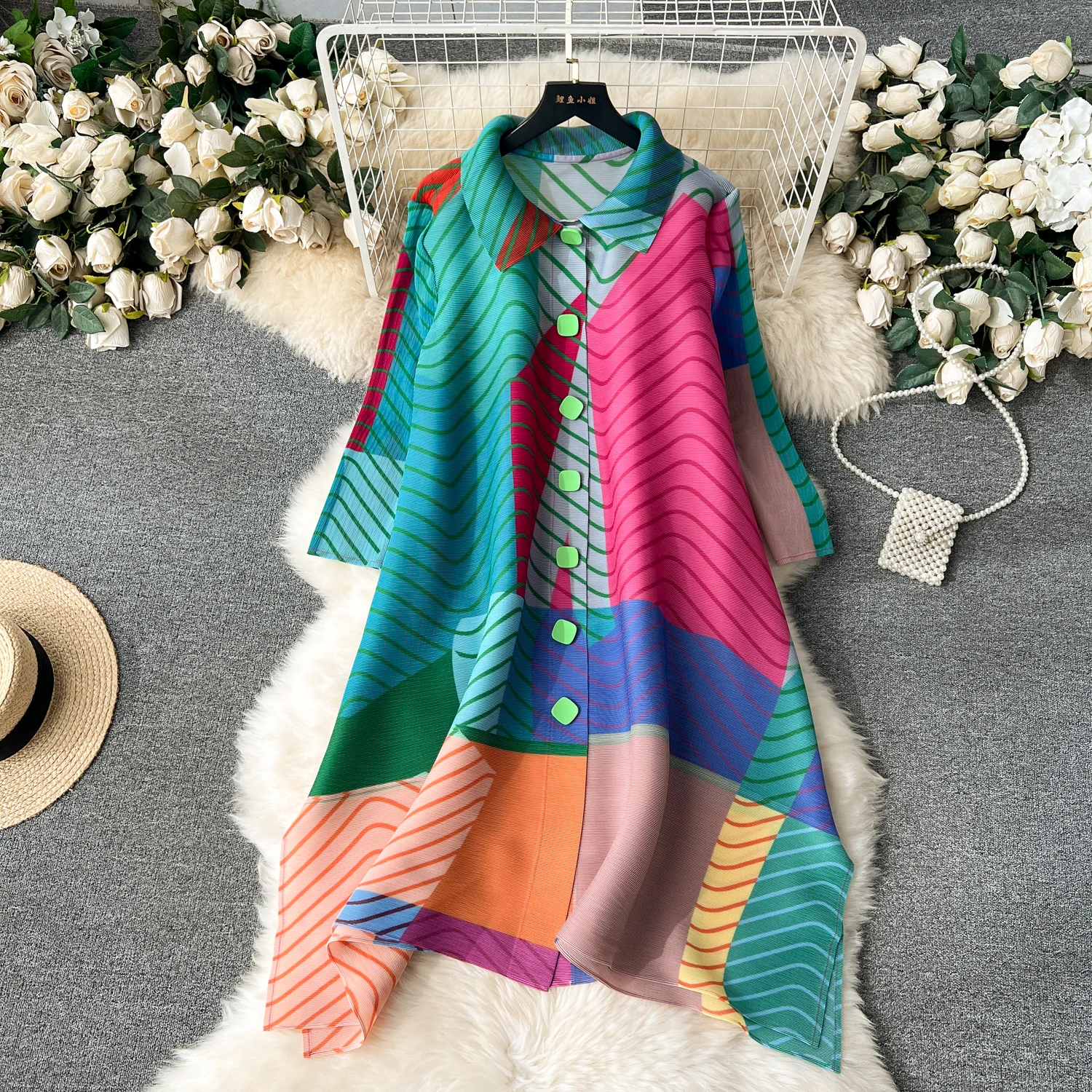Miyake Pleated Dress Women Spring Summer Colorblock Printing Lapel 3/4 Sleeve Single-breasted Fashion Irregular Shirt Dresses