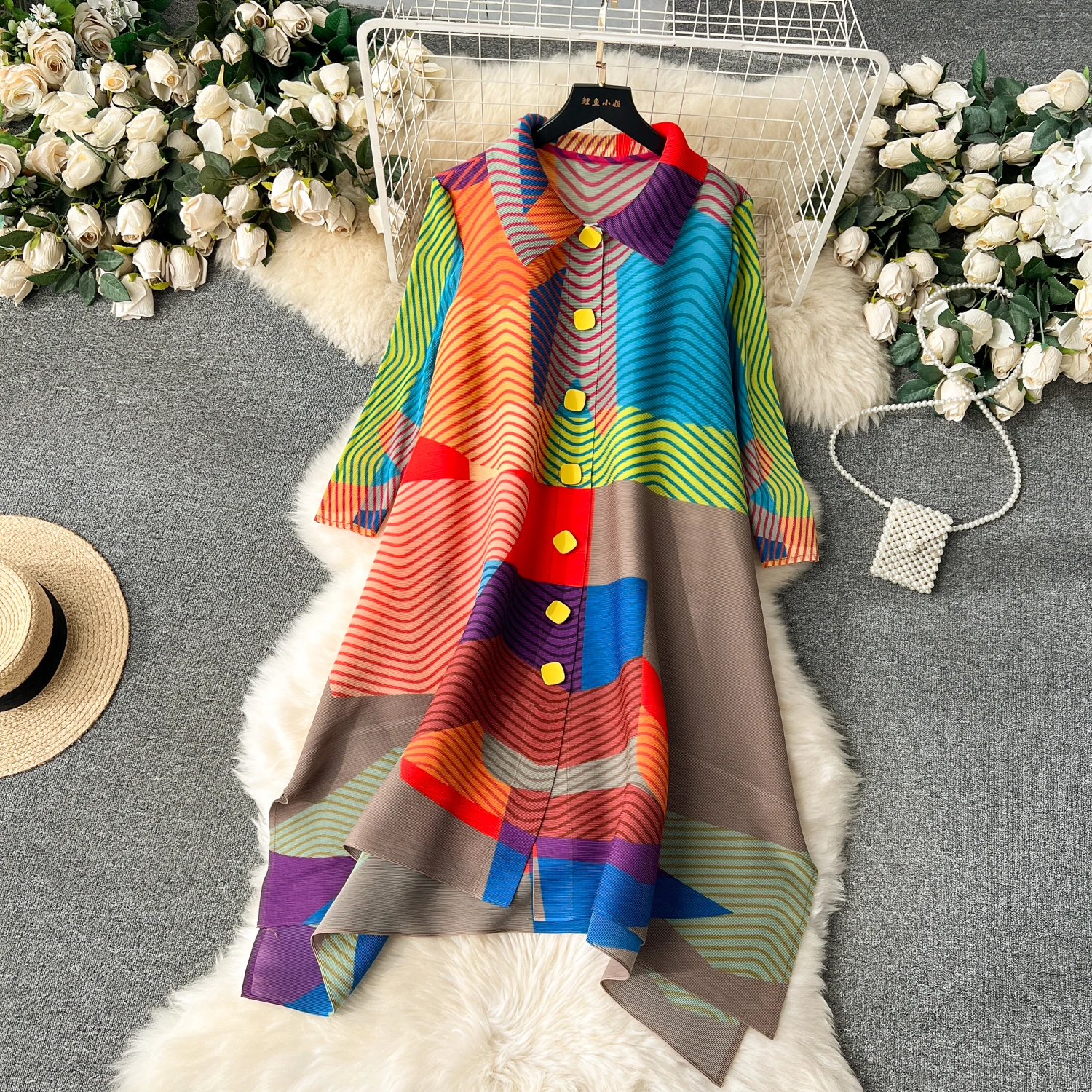 Miyake Pleated Dress Women Spring Summer Colorblock Printing Lapel 3/4 Sleeve Single-breasted Fashion Irregular Shirt Dresses