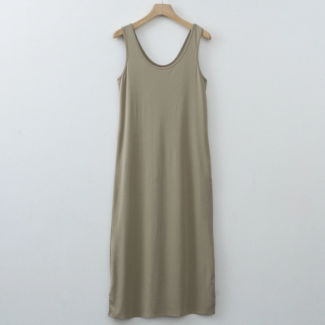 Women Double U Neck Sleeveless Tank Maxi Dress Soft Modal Loose Loungewear Dress With Pockets Khaki Black Coffee Light Gray