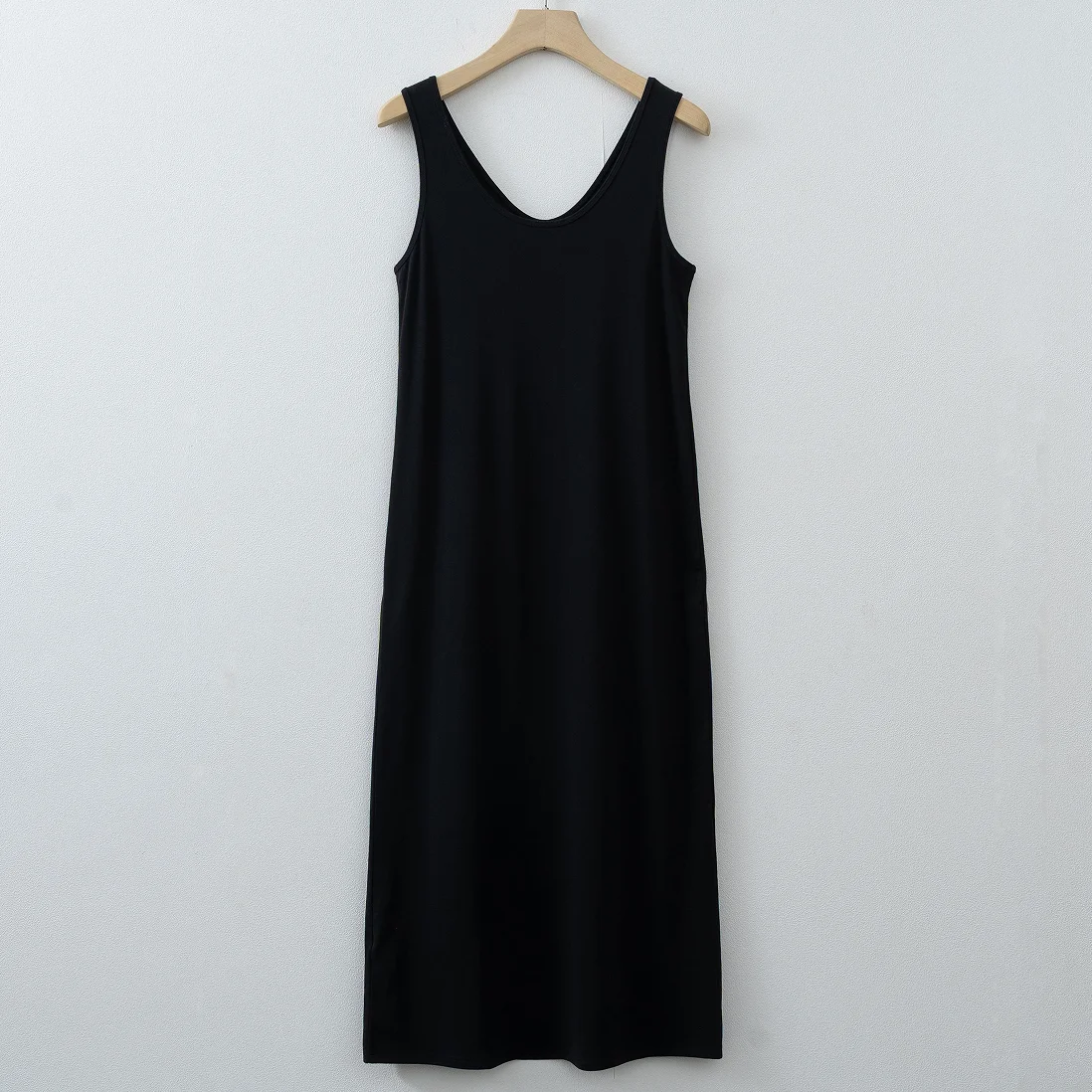 Women Double U Neck Sleeveless Tank Maxi Dress Soft Modal Loose Loungewear Dress With Pockets Khaki Black Coffee Light Gray