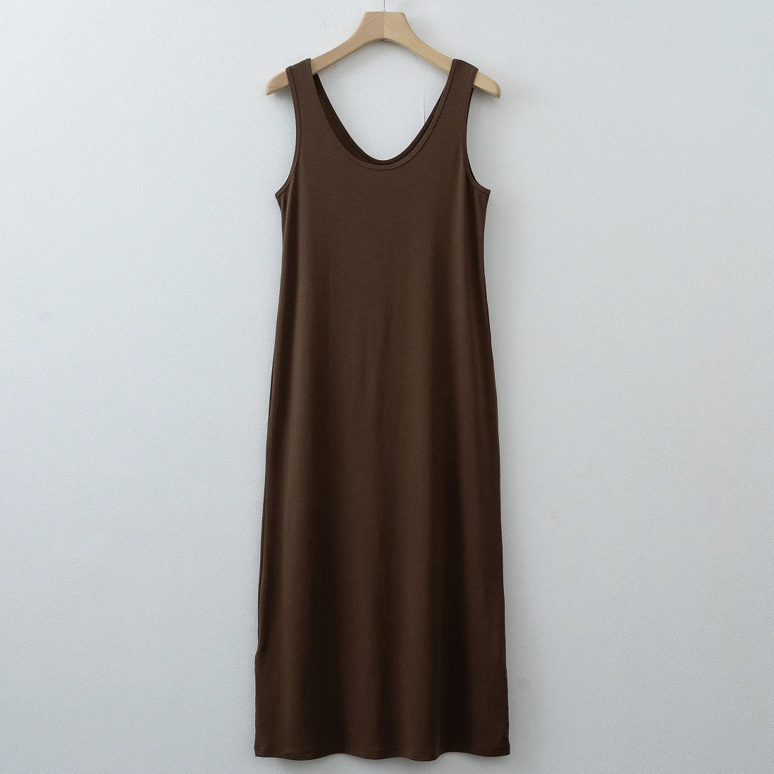 Women Double U Neck Sleeveless Tank Maxi Dress Soft Modal Loose Loungewear Dress With Pockets Khaki Black Coffee Light Gray