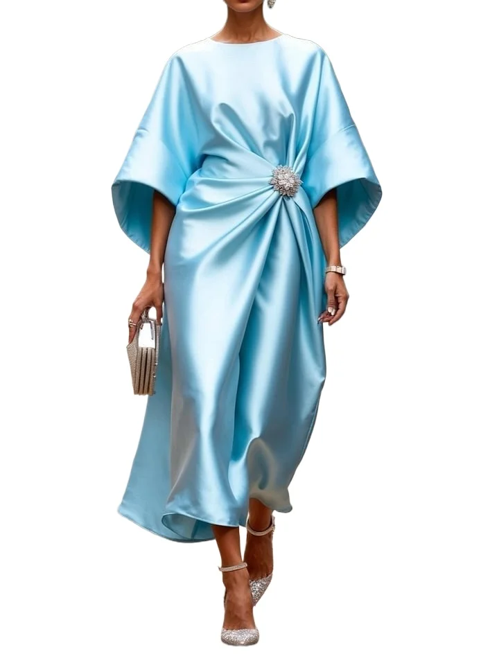 2026 New Women's Fashion Satin O Neck Batwing Sleeve Dresses Rhinestone Waist Decor Ruched Elegant Evening Party Cocktail Dress