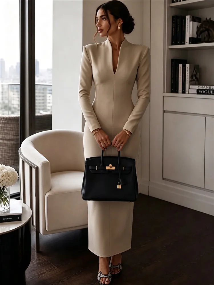 2026 Women's Fashion Evening Party Elegant Long Dress Solid V-Neck Long Sleeve Sheath Bodycon Maxi Dresses White Black Clothing