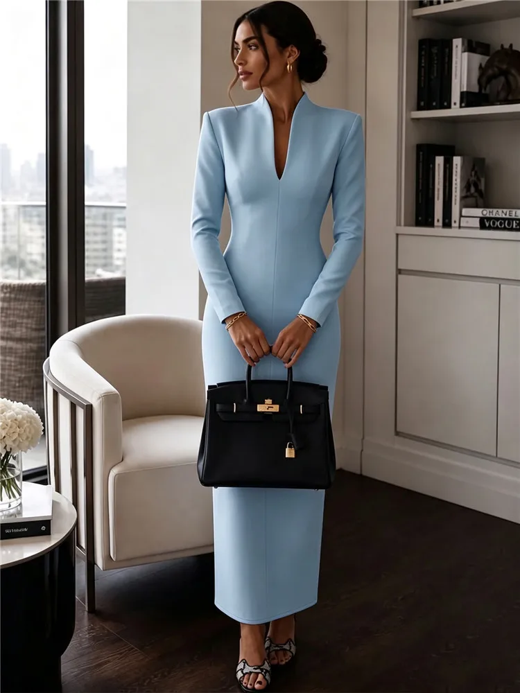 2026 Women's Fashion Evening Party Elegant Long Dress Solid V-Neck Long Sleeve Sheath Bodycon Maxi Dresses White Black Clothing
