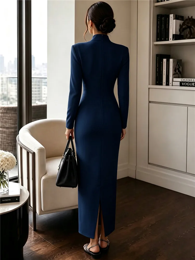 2026 Women's Fashion Evening Party Elegant Long Dress Solid V-Neck Long Sleeve Sheath Bodycon Maxi Dresses White Black Clothing