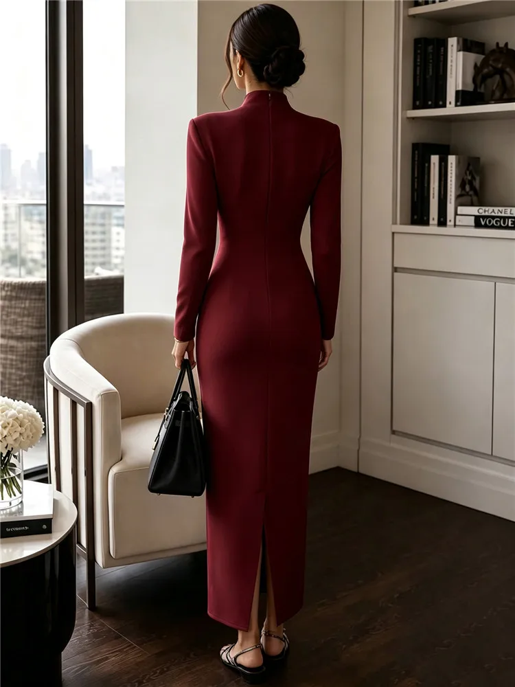 2026 Women's Fashion Evening Party Elegant Long Dress Solid V-Neck Long Sleeve Sheath Bodycon Maxi Dresses White Black Clothing
