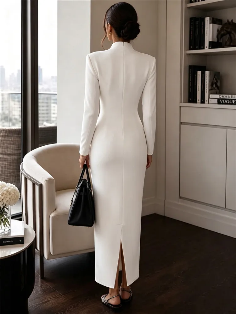 2026 Women's Fashion Evening Party Elegant Long Dress Solid V-Neck Long Sleeve Sheath Bodycon Maxi Dresses White Black Clothing