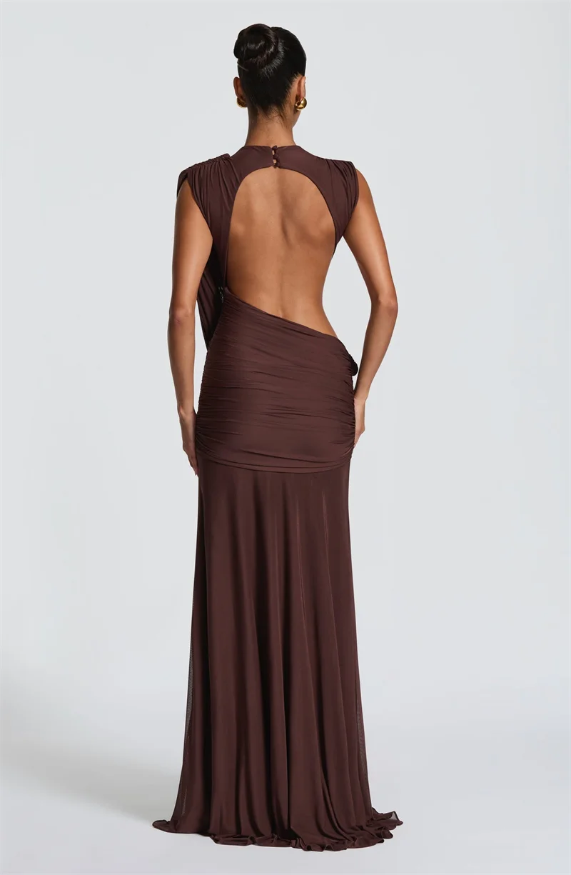 Mozision Women High Neck Sleeveless Maxi Dress Side Back Cutout Draped Knot Ruched Mermaid Evening Wedding Guest Formal Dress