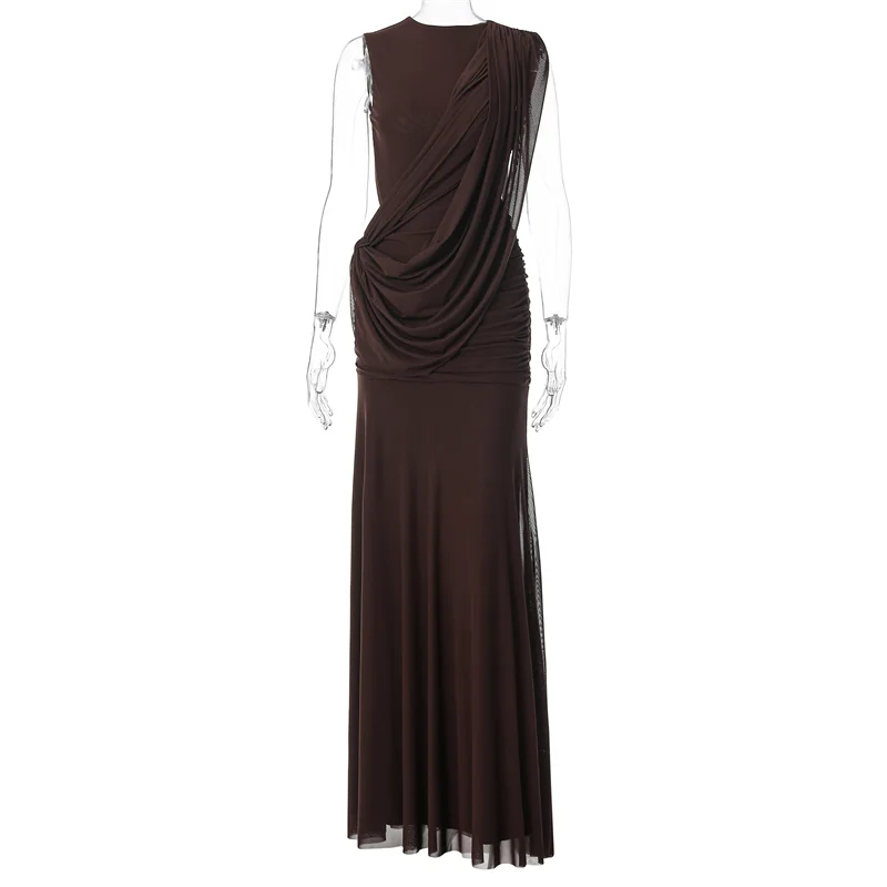 Mozision Women High Neck Sleeveless Maxi Dress Side Back Cutout Draped Knot Ruched Mermaid Evening Wedding Guest Formal Dress