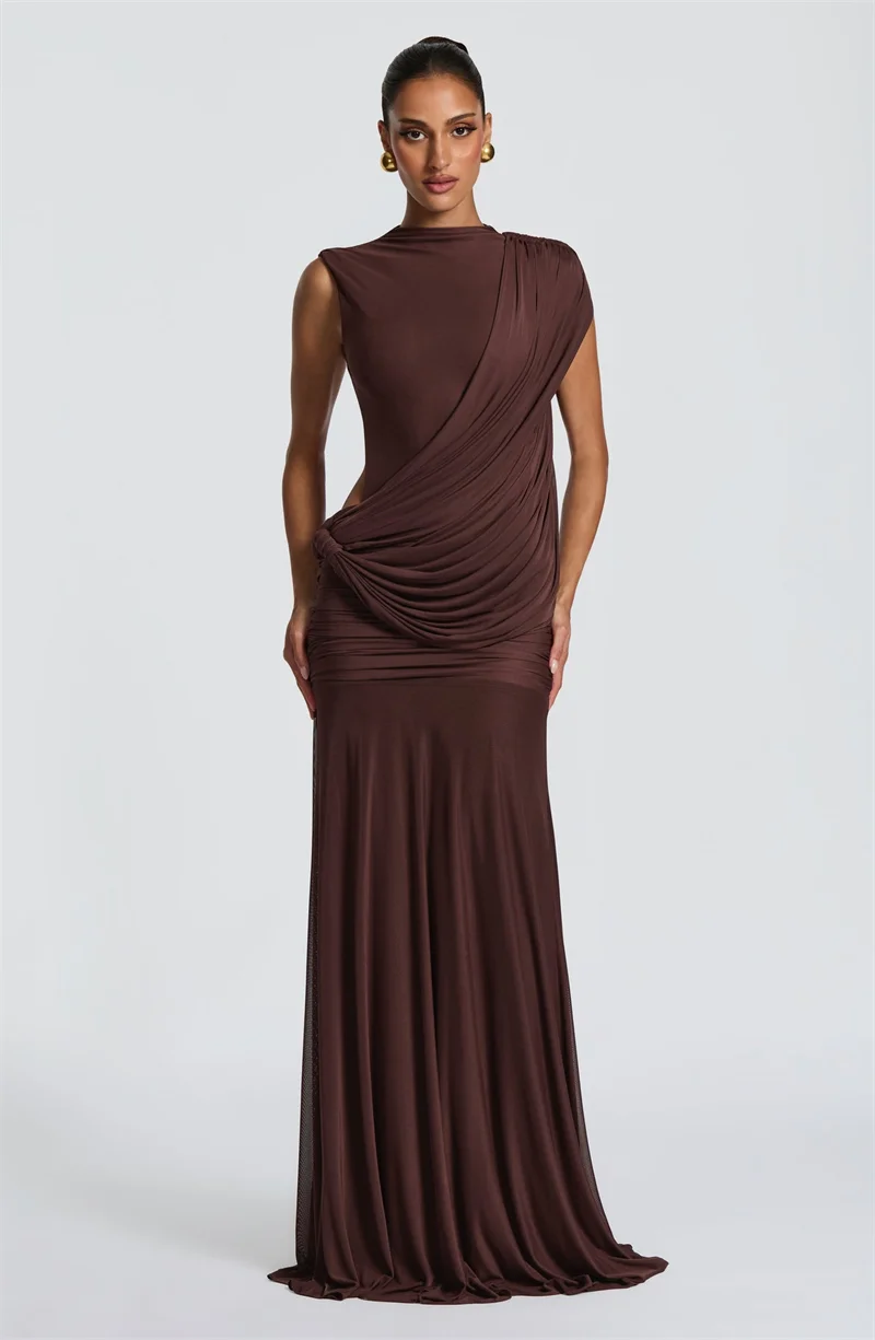 Mozision Women High Neck Sleeveless Maxi Dress Side Back Cutout Draped Knot Ruched Mermaid Evening Wedding Guest Formal Dress