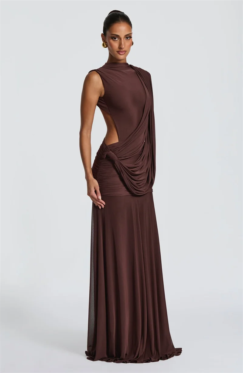 Mozision Women High Neck Sleeveless Maxi Dress Side Back Cutout Draped Knot Ruched Mermaid Evening Wedding Guest Formal Dress