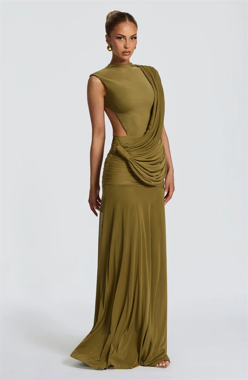 Mozision Women High Neck Sleeveless Maxi Dress Side Back Cutout Draped Knot Ruched Mermaid Evening Wedding Guest Formal Dress