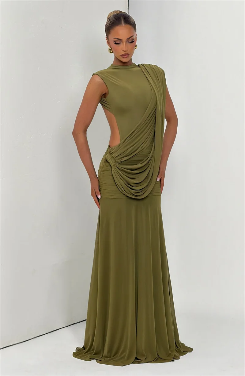 Mozision Women High Neck Sleeveless Maxi Dress Side Back Cutout Draped Knot Ruched Mermaid Evening Wedding Guest Formal Dress
