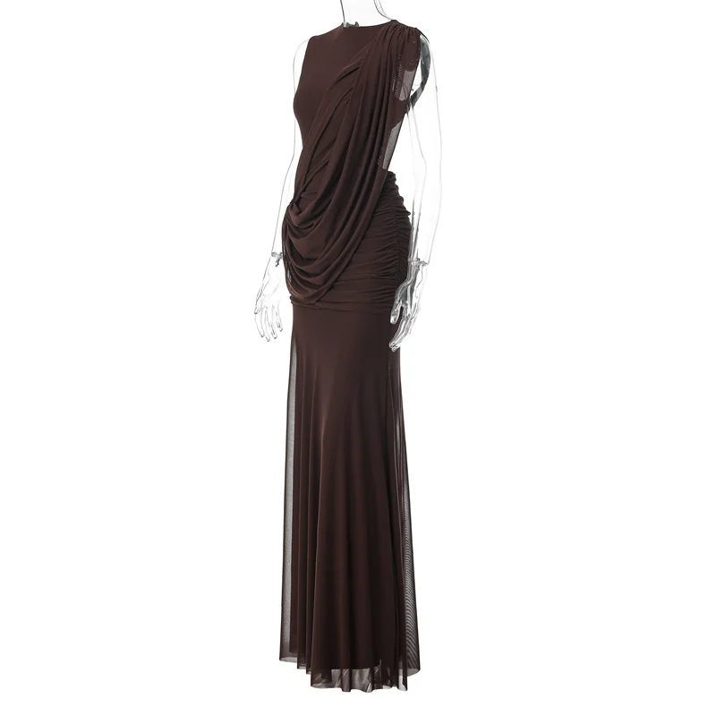 Mozision Women High Neck Sleeveless Maxi Dress Side Back Cutout Draped Knot Ruched Mermaid Evening Wedding Guest Formal Dress