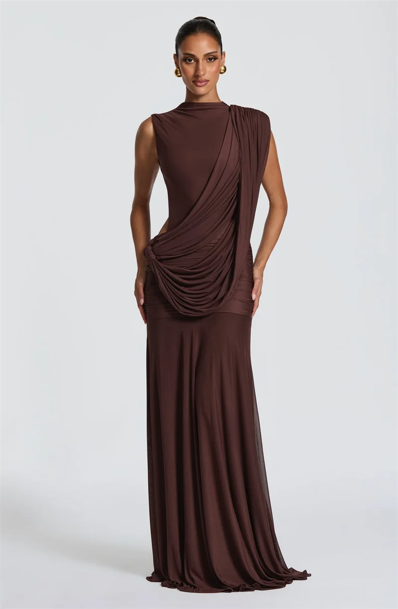 Mozision Women High Neck Sleeveless Maxi Dress Side Back Cutout Draped Knot Ruched Mermaid Evening Wedding Guest Formal Dress