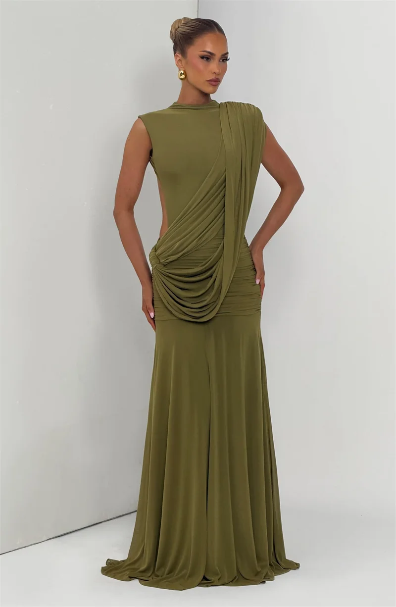 Mozision Women High Neck Sleeveless Maxi Dress Side Back Cutout Draped Knot Ruched Mermaid Evening Wedding Guest Formal Dress