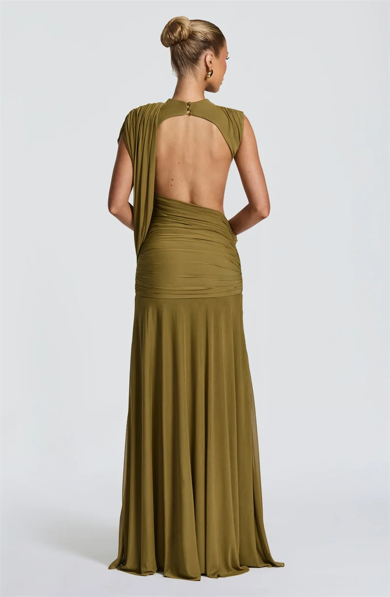 Mozision Women High Neck Sleeveless Maxi Dress Side Back Cutout Draped Knot Ruched Mermaid Evening Wedding Guest Formal Dress