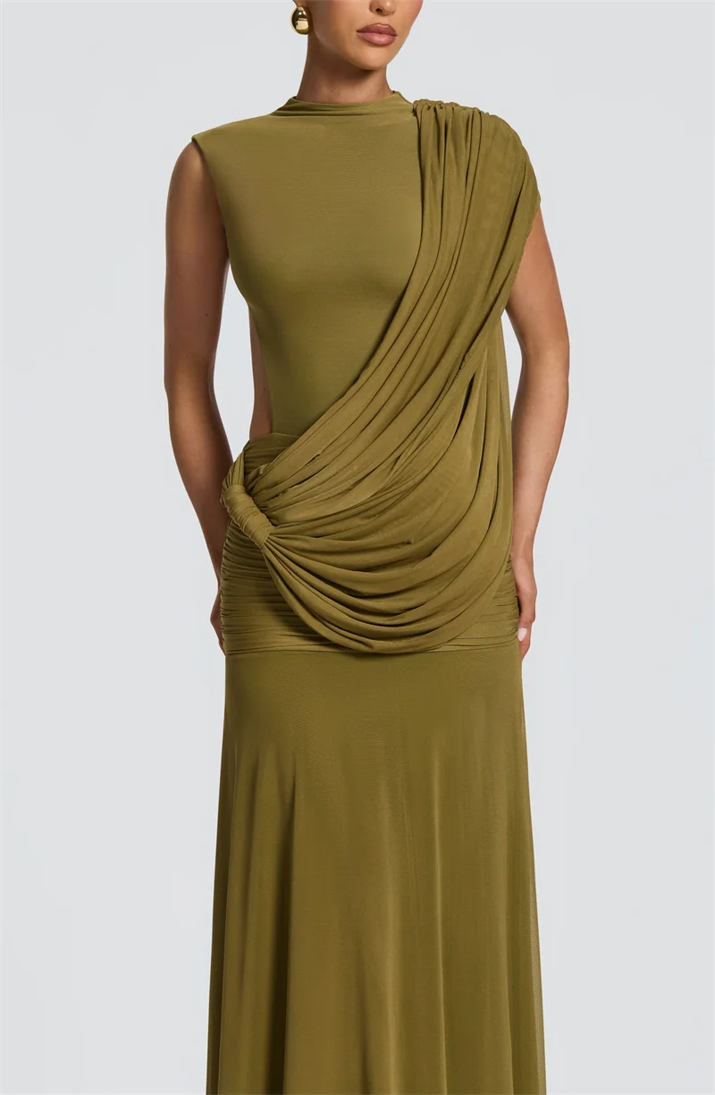 Mozision Women High Neck Sleeveless Maxi Dress Side Back Cutout Draped Knot Ruched Mermaid Evening Wedding Guest Formal Dress