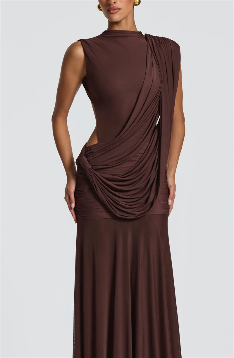 Mozision Women High Neck Sleeveless Maxi Dress Side Back Cutout Draped Knot Ruched Mermaid Evening Wedding Guest Formal Dress