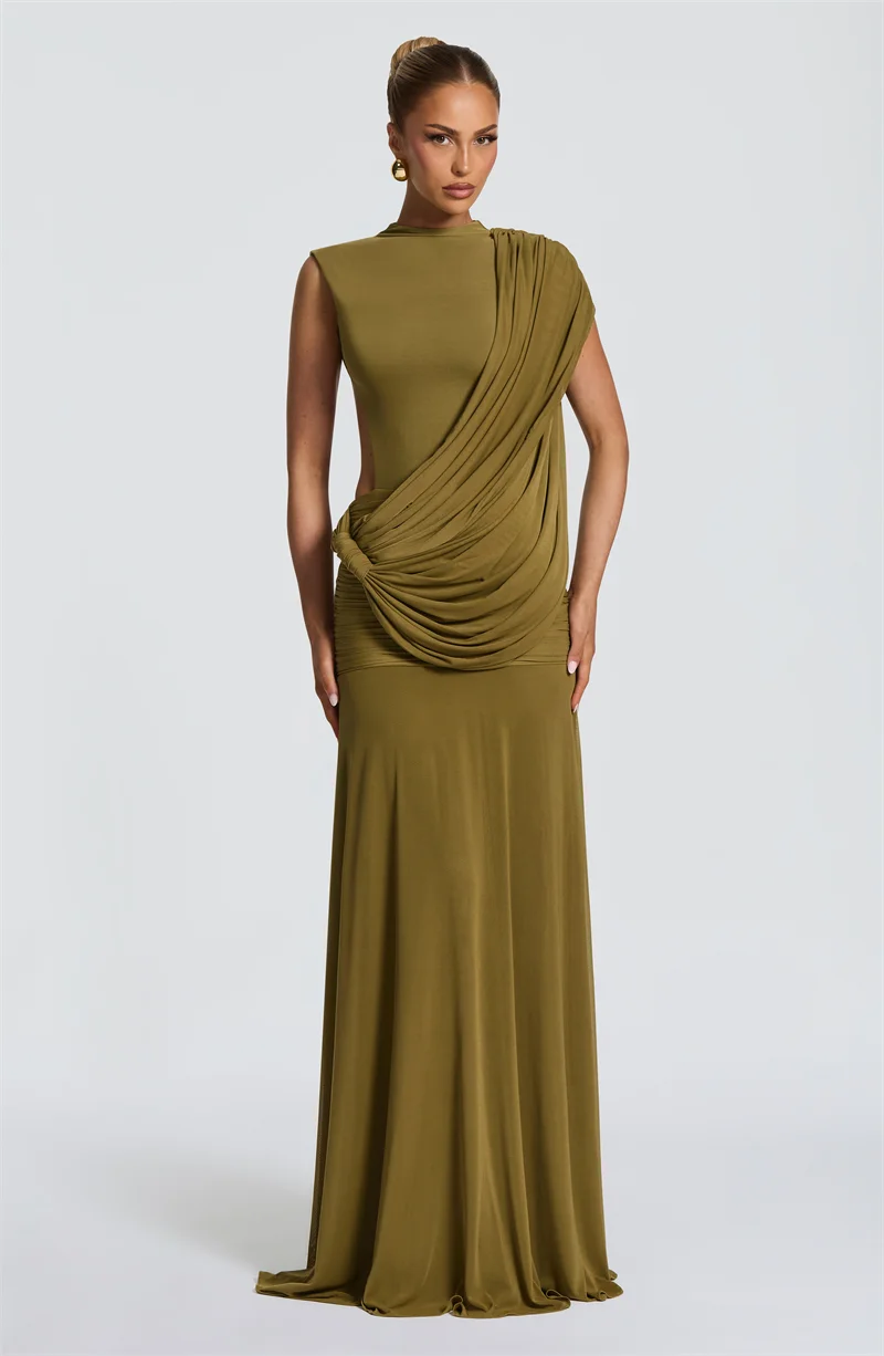 Mozision Women High Neck Sleeveless Maxi Dress Side Back Cutout Draped Knot Ruched Mermaid Evening Wedding Guest Formal Dress