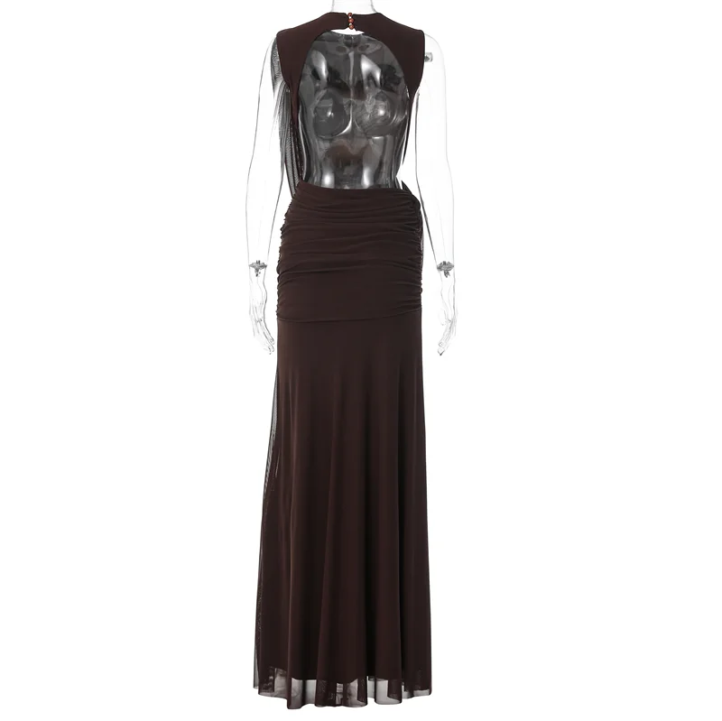 Mozision Women High Neck Sleeveless Maxi Dress Side Back Cutout Draped Knot Ruched Mermaid Evening Wedding Guest Formal Dress