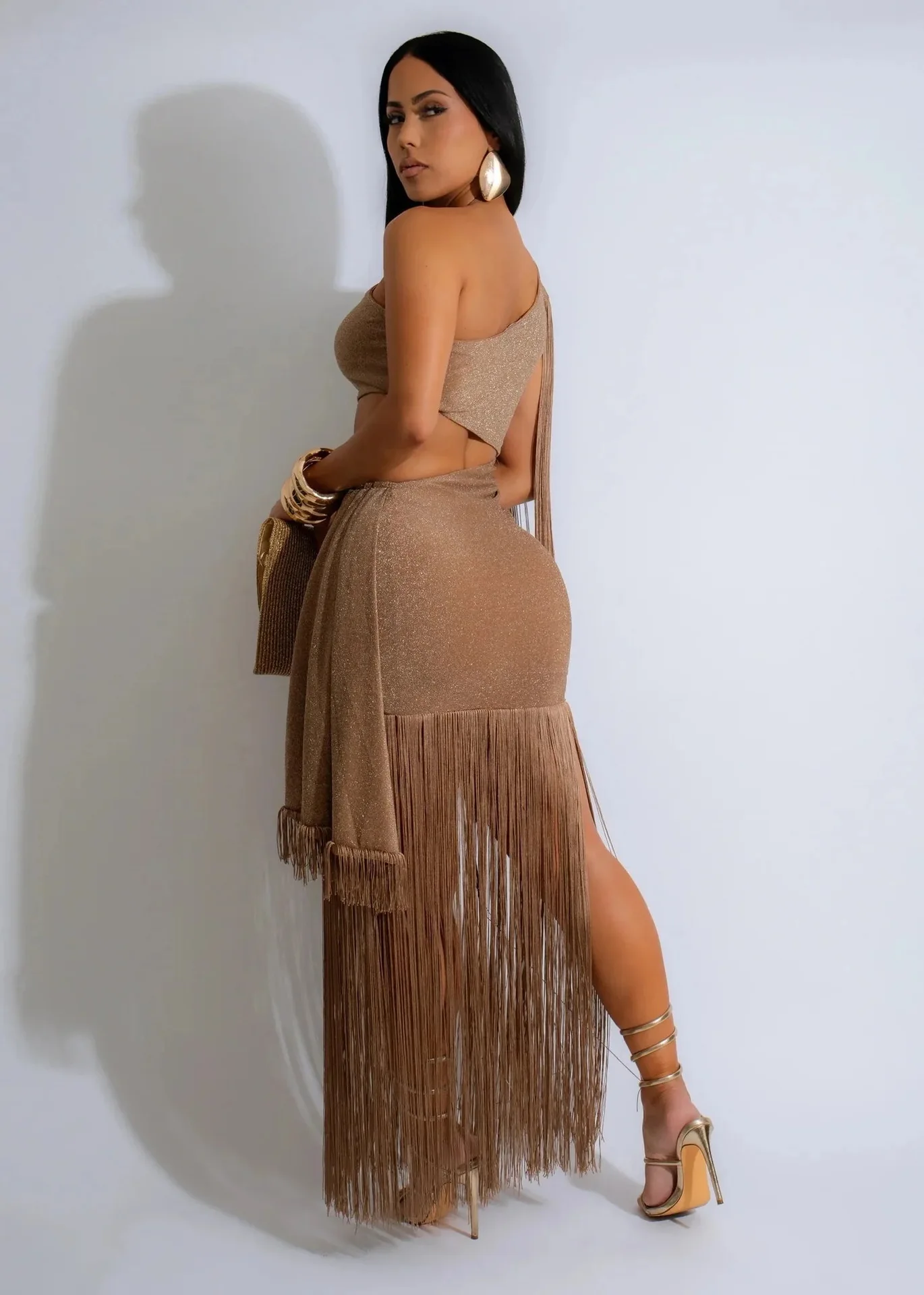 CM.YAYA Women One Shoulder Tassel Sleeveless Long Dress Diagonal Collar Summer Street Evening Sexy Night Party Dresses Vestidos