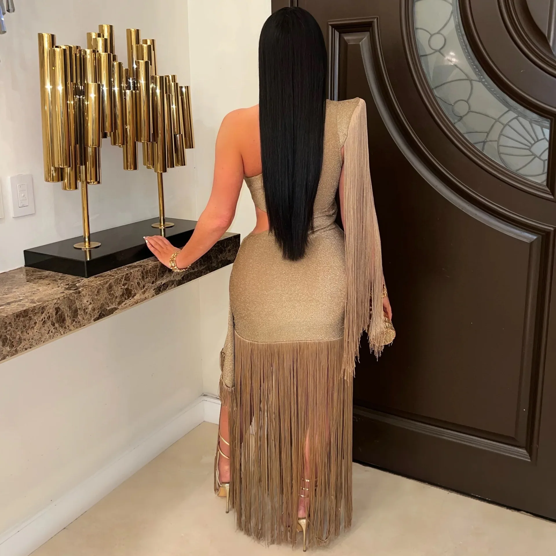 CM.YAYA Women One Shoulder Tassel Sleeveless Long Dress Diagonal Collar Summer Street Evening Sexy Night Party Dresses Vestidos