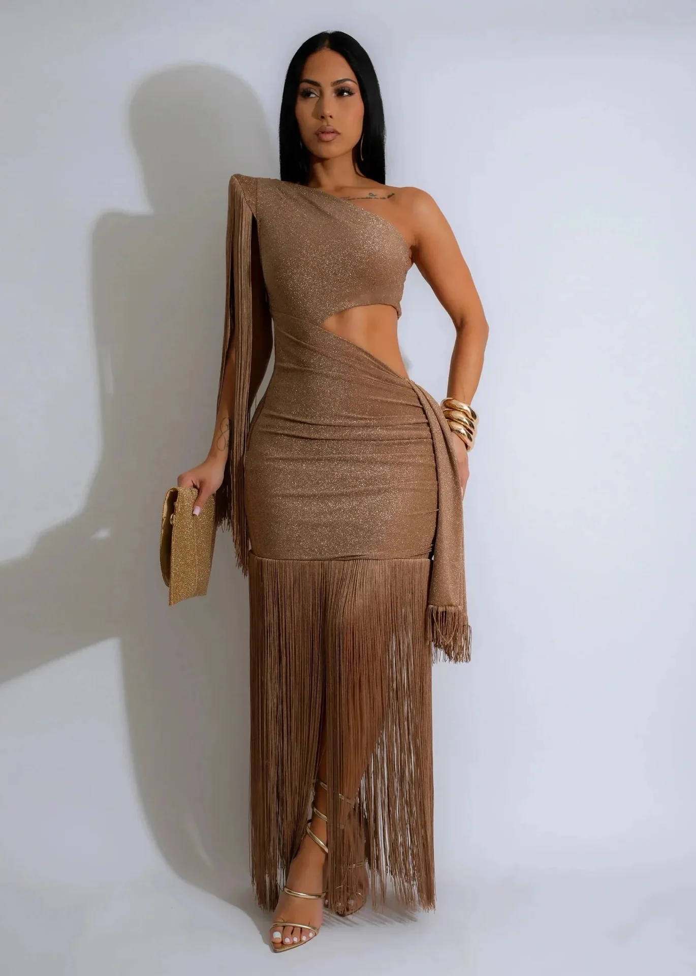 CM.YAYA Women One Shoulder Tassel Sleeveless Long Dress Diagonal Collar Summer Street Evening Sexy Night Party Dresses Vestidos