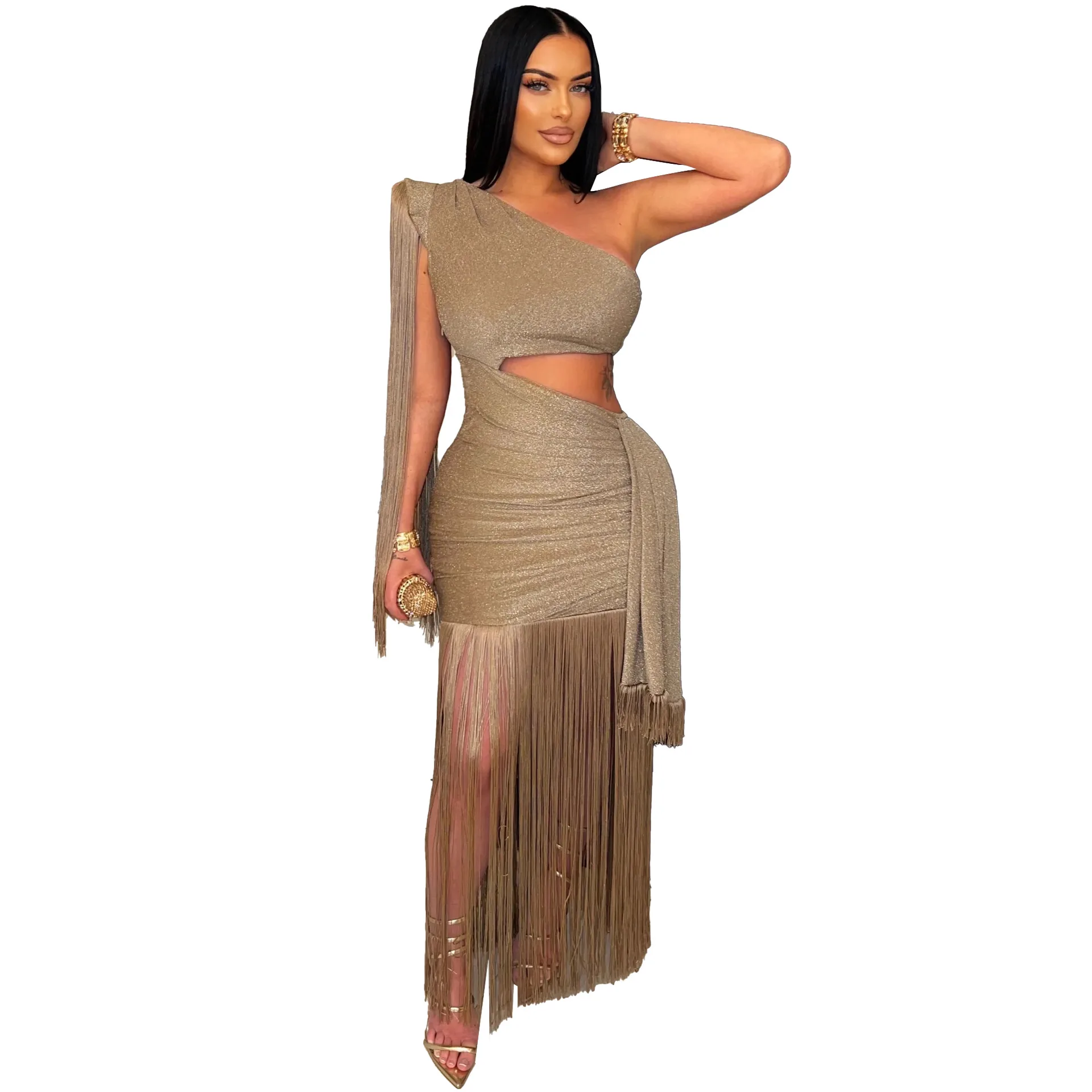 CM.YAYA Women One Shoulder Tassel Sleeveless Long Dress Diagonal Collar Summer Street Evening Sexy Night Party Dresses Vestidos