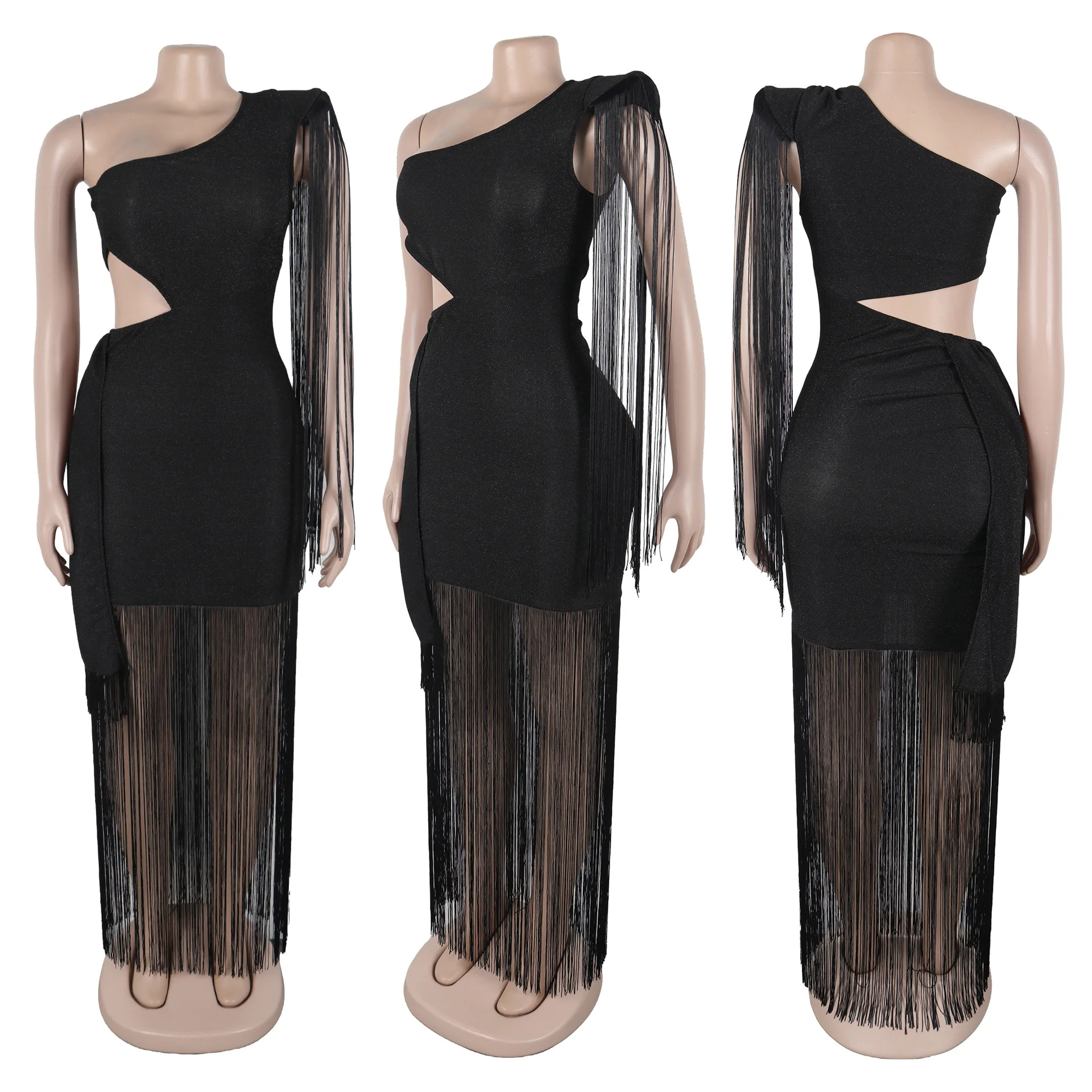 CM.YAYA Women One Shoulder Tassel Sleeveless Long Dress Diagonal Collar Summer Street Evening Sexy Night Party Dresses Vestidos