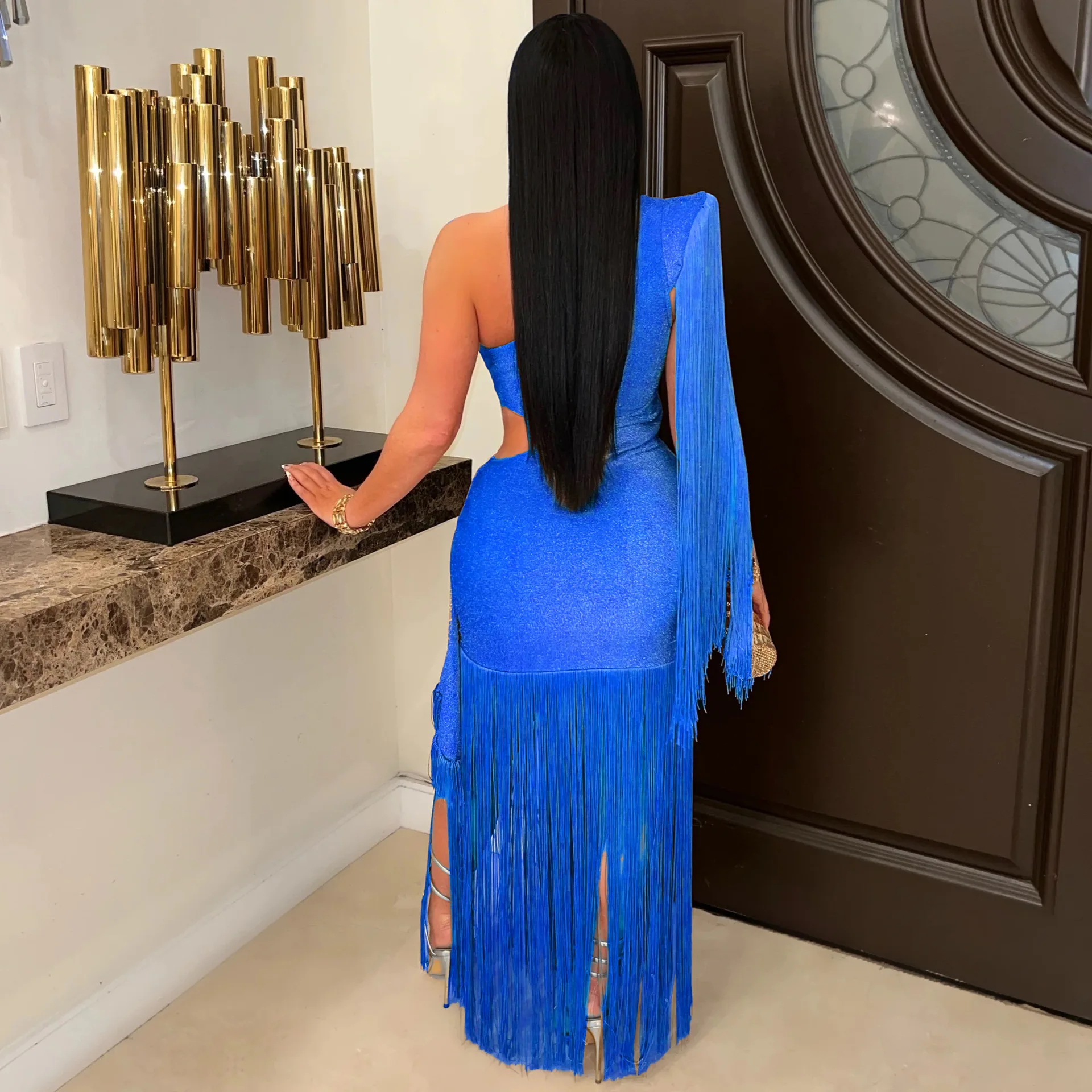 CM.YAYA Women One Shoulder Tassel Sleeveless Long Dress Diagonal Collar Summer Street Evening Sexy Night Party Dresses Vestidos