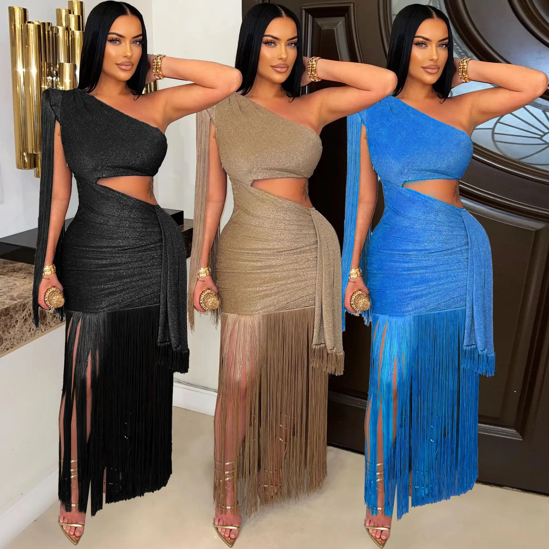 CM.YAYA Women One Shoulder Tassel Sleeveless Long Dress Diagonal Collar Summer Street Evening Sexy Night Party Dresses Vestidos