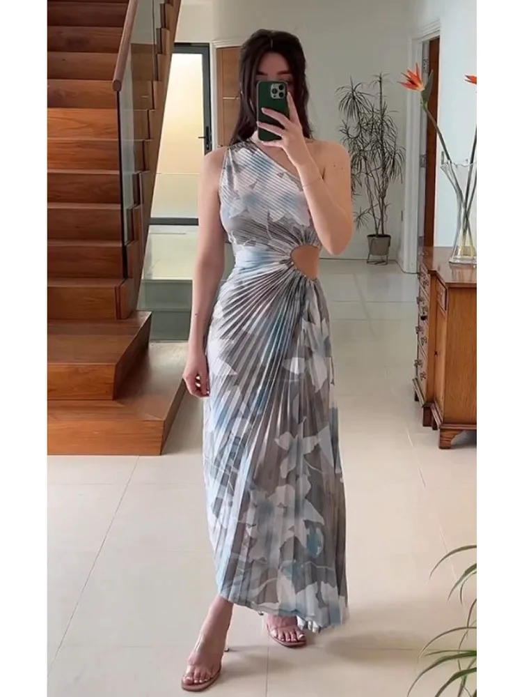 HH Fashion Elegant Female One Shoulder Ruffled Slim Long Dress Women Summer Sexy Waist Hollow Out Backless Sleeveless Dress