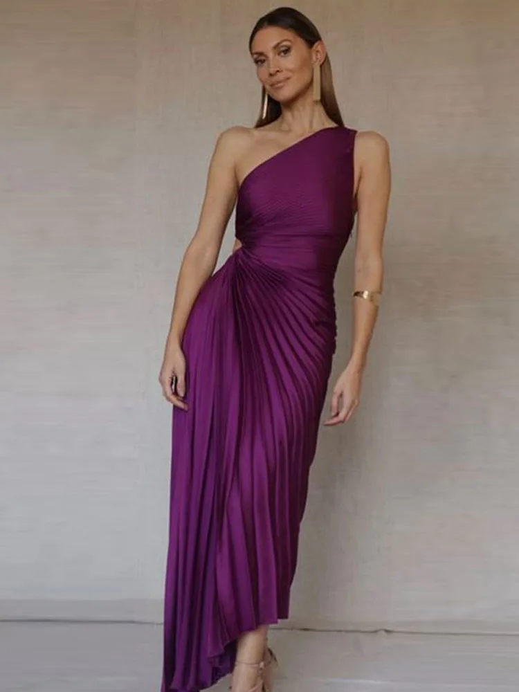 HH Fashion Elegant Female One Shoulder Ruffled Slim Long Dress Women Summer Sexy Waist Hollow Out Backless Sleeveless Dress
