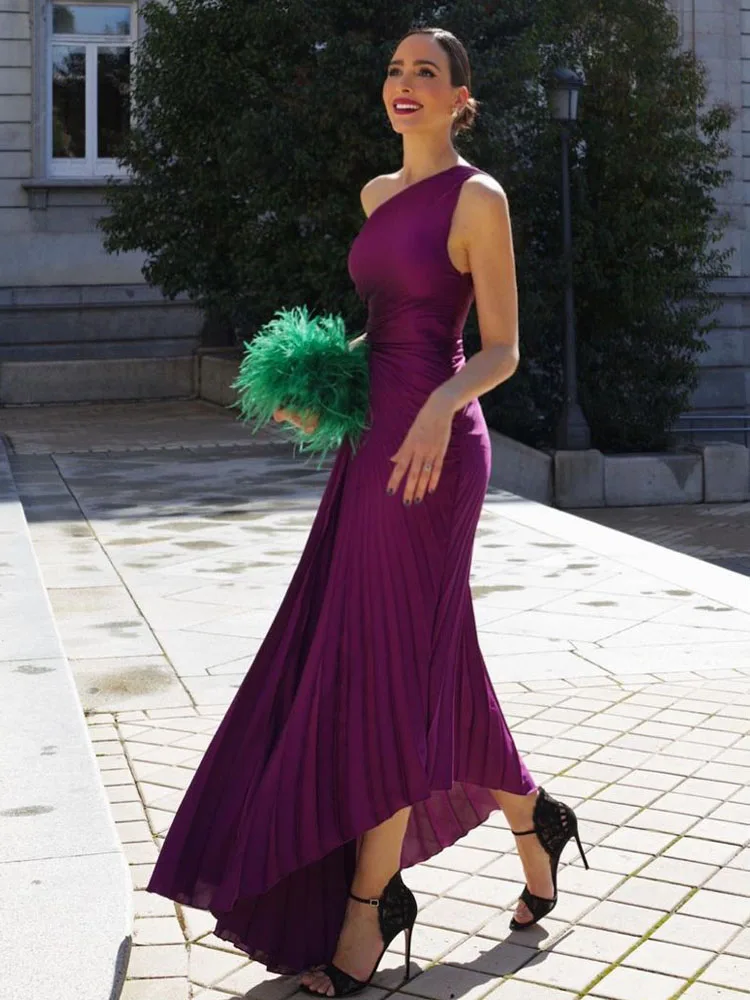 HH Fashion Elegant Female One Shoulder Ruffled Slim Long Dress Women Summer Sexy Waist Hollow Out Backless Sleeveless Dress