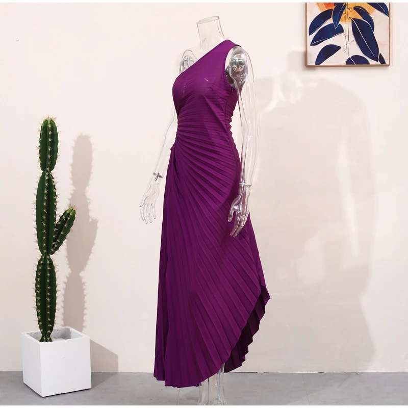 HH Fashion Elegant Female One Shoulder Ruffled Slim Long Dress Women Summer Sexy Waist Hollow Out Backless Sleeveless Dress