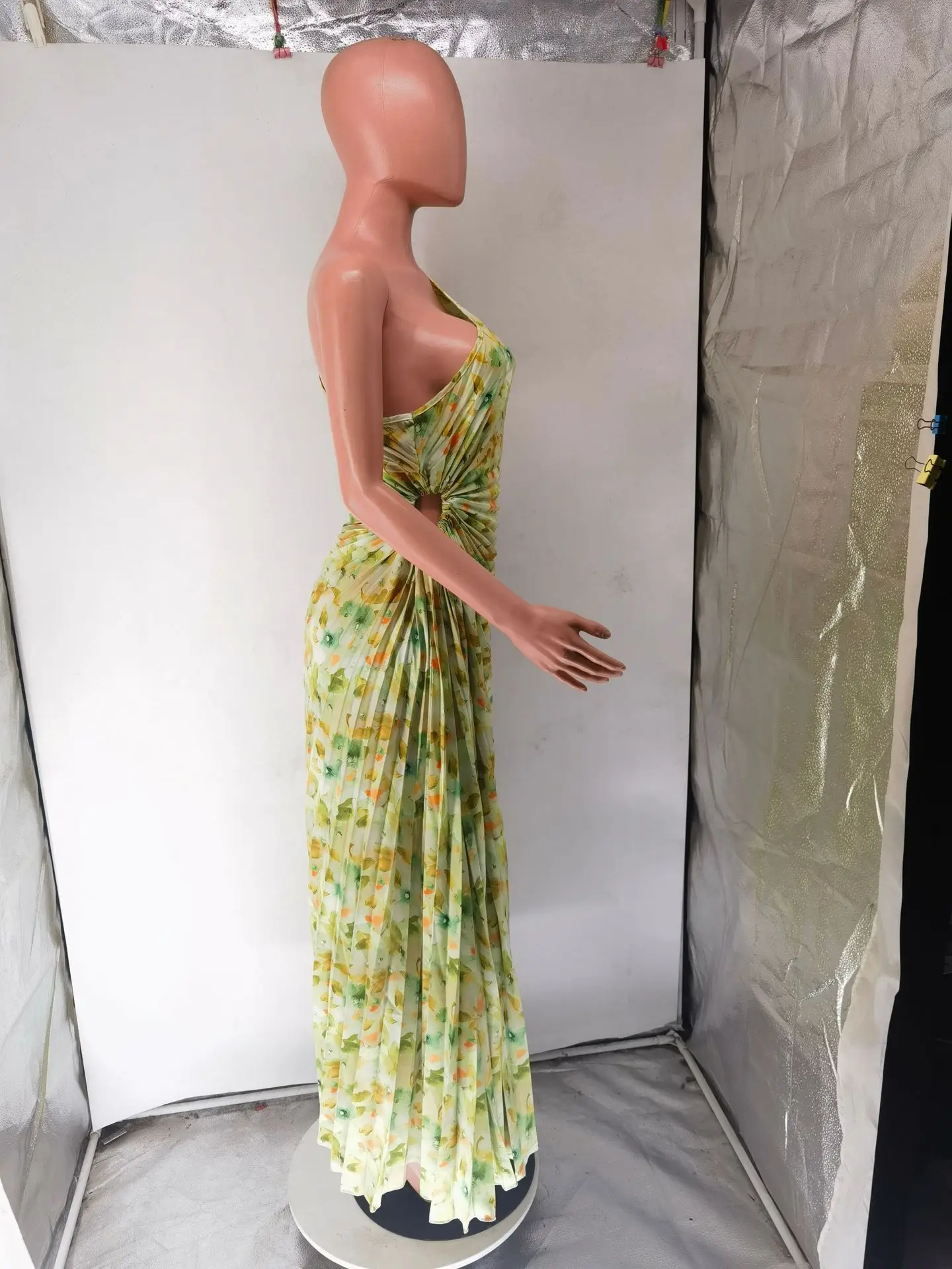 HH Fashion Elegant Female One Shoulder Ruffled Slim Long Dress Women Summer Sexy Waist Hollow Out Backless Sleeveless Dress
