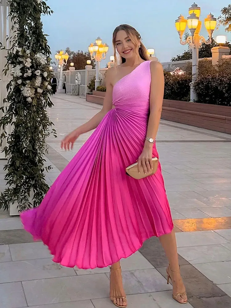 HH Fashion Elegant Female One Shoulder Ruffled Slim Long Dress Women Summer Sexy Waist Hollow Out Backless Sleeveless Dress
