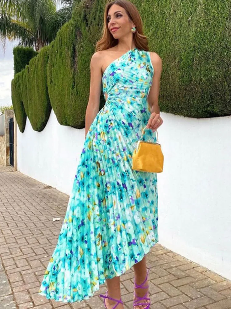 HH Fashion Elegant Female One Shoulder Ruffled Slim Long Dress Women Summer Sexy Waist Hollow Out Backless Sleeveless Dress