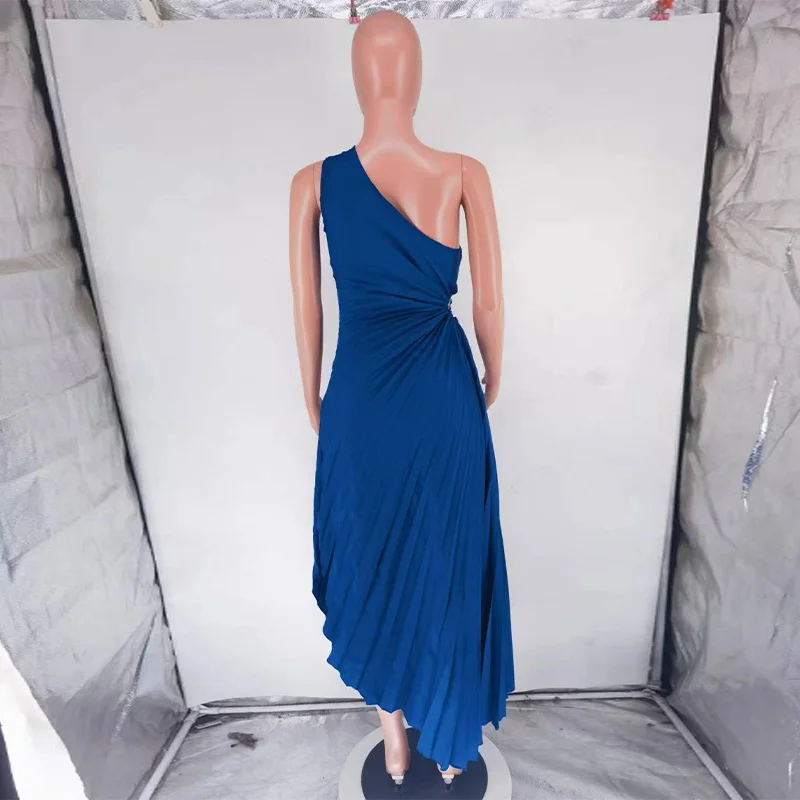 HH Fashion Elegant Female One Shoulder Ruffled Slim Long Dress Women Summer Sexy Waist Hollow Out Backless Sleeveless Dress