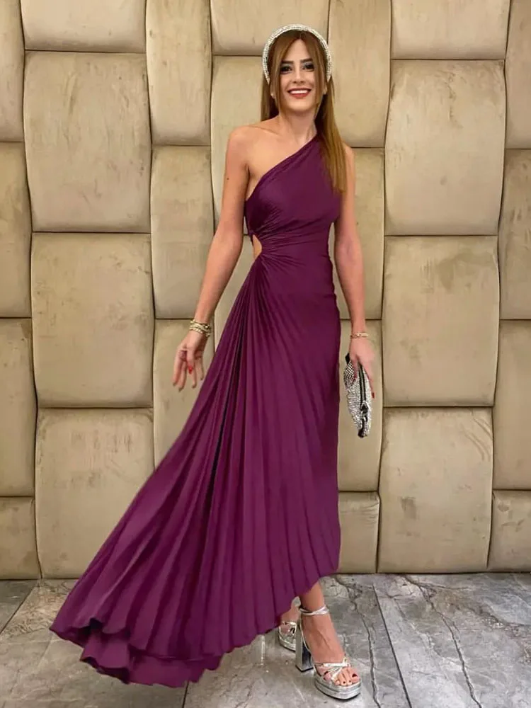 HH Fashion Elegant Female One Shoulder Ruffled Slim Long Dress Women Summer Sexy Waist Hollow Out Backless Sleeveless Dress
