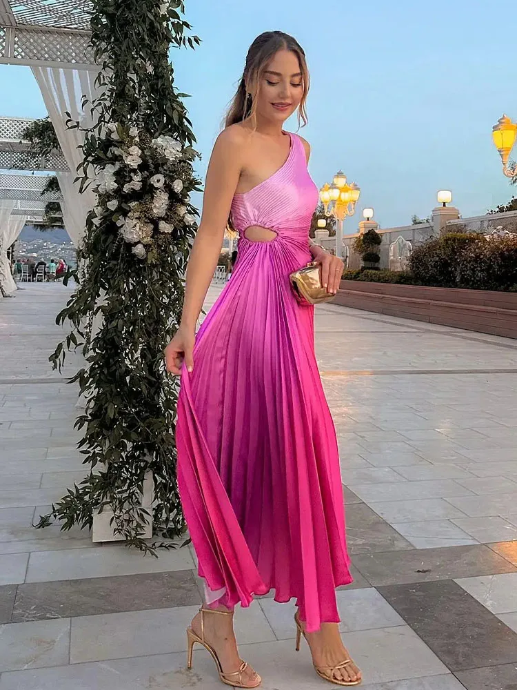 HH Fashion Elegant Female One Shoulder Ruffled Slim Long Dress Women Summer Sexy Waist Hollow Out Backless Sleeveless Dress