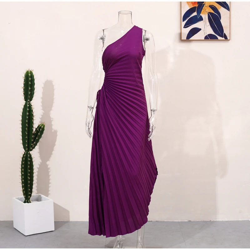 HH Fashion Elegant Female One Shoulder Ruffled Slim Long Dress Women Summer Sexy Waist Hollow Out Backless Sleeveless Dress